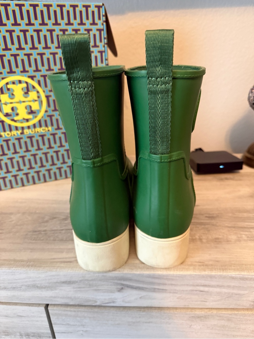 Tory Burch Emerald Green Rubber Ankle Rain Boots with White Soles - Picture 2 of 7